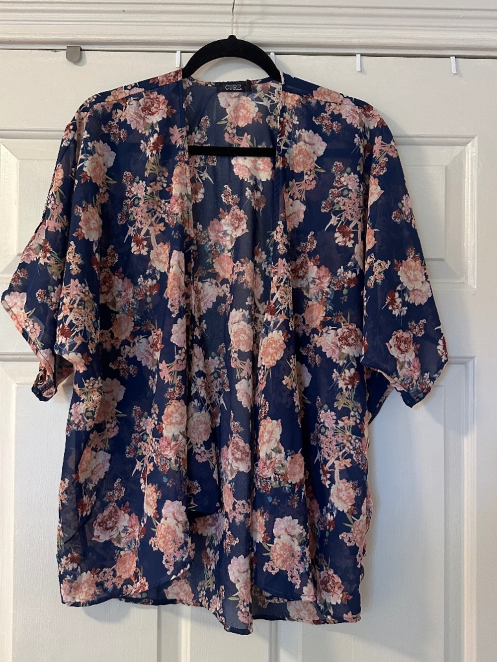 Cure Kimono Short Sleeve Open Front Cardigan Women's Large Navy Floral Boho Pool